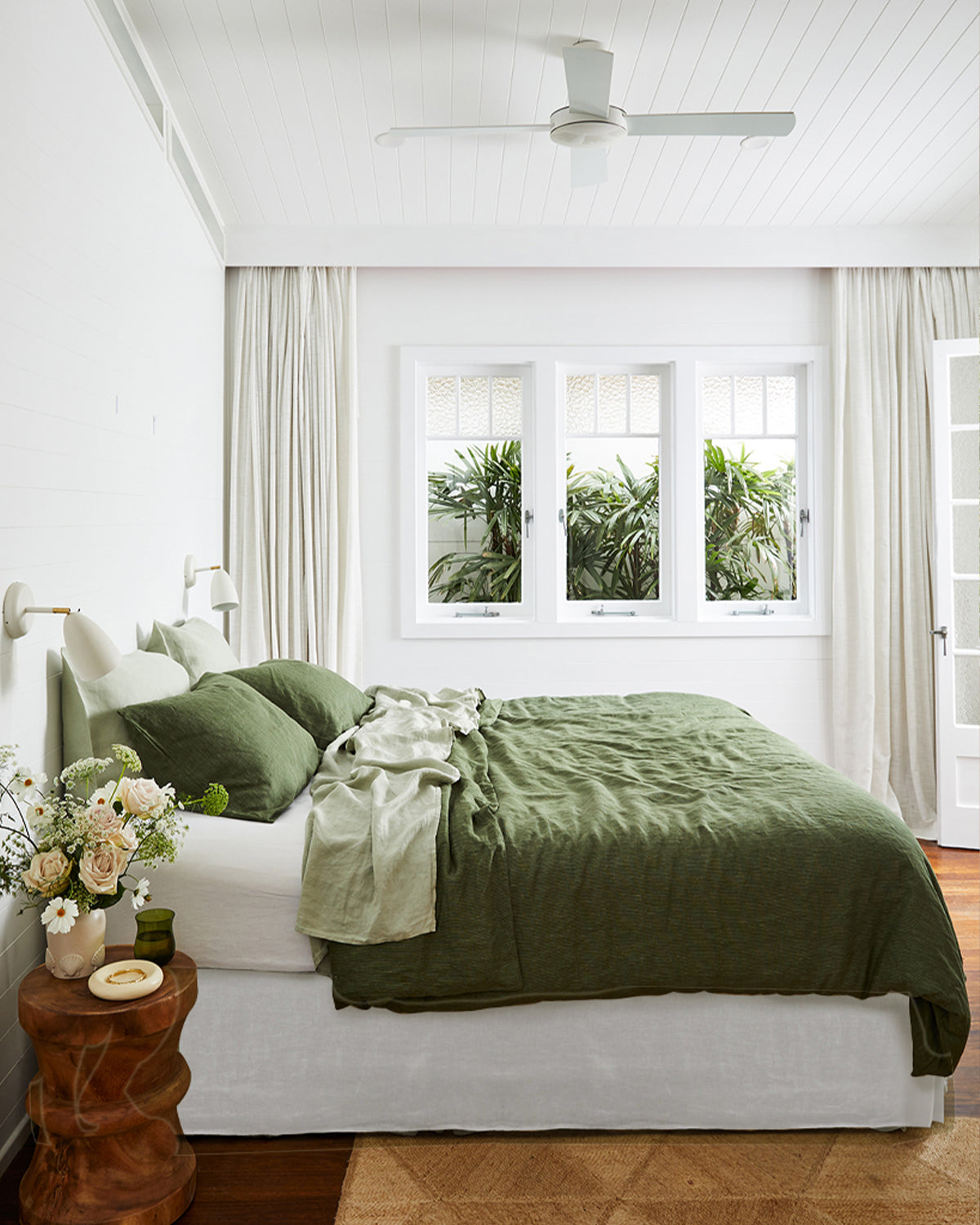 Olive Stripe, Sage & White 100% French Flax Linen Bedding Bundle