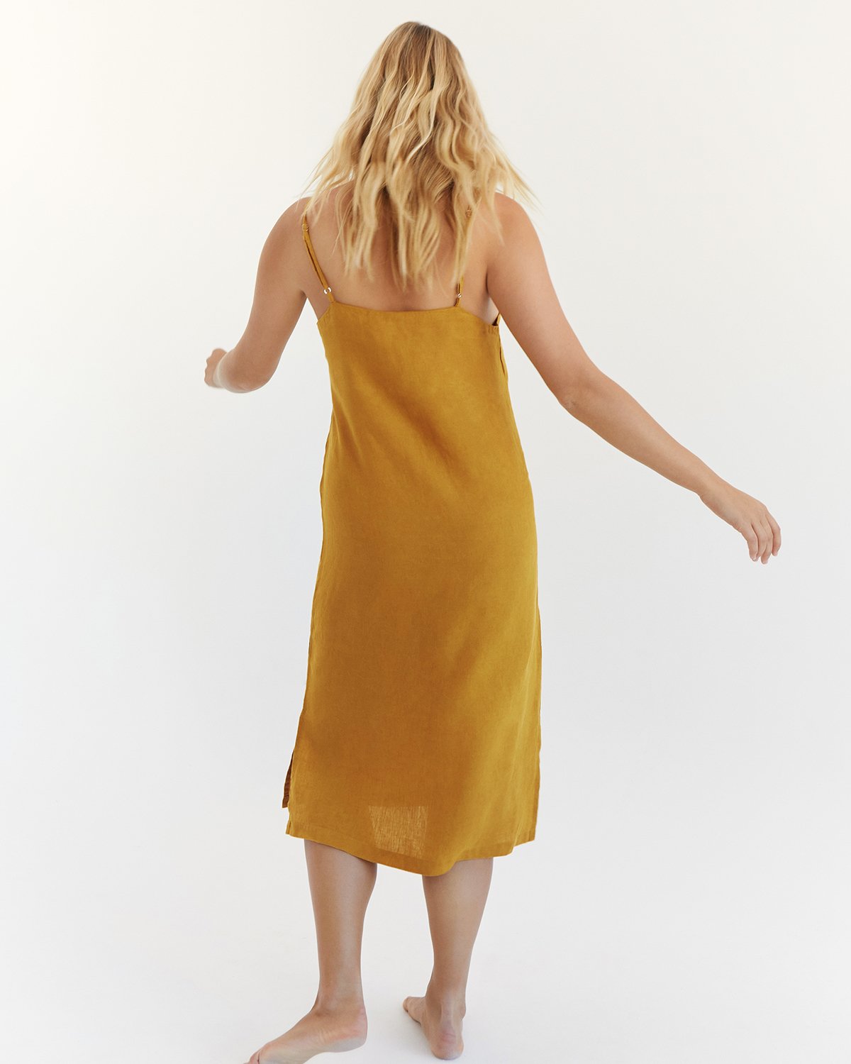 Turmeric 100% French Flax Linen Midi Dress