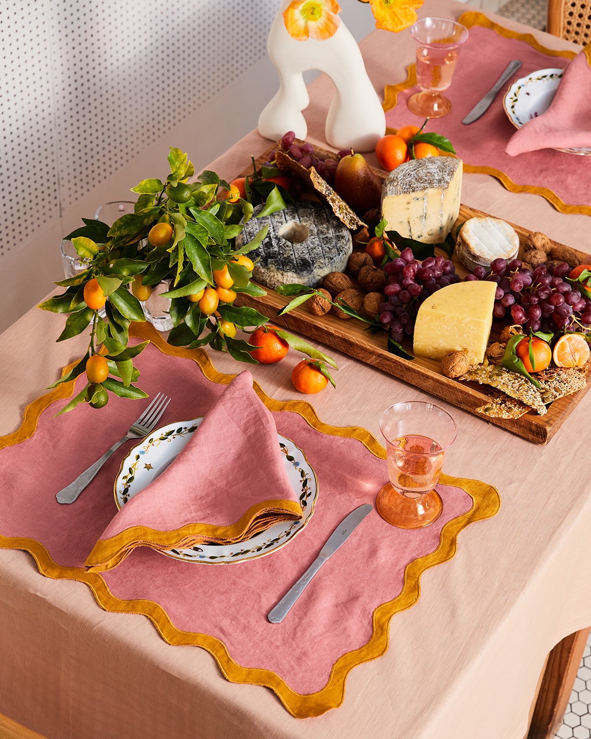 Pink Clay & Turmeric 100% French Flax Linen Scalloped Placemats (Set of Four)