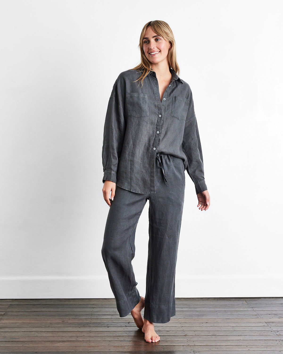 Charcoal 100% French Flax Linen Long Sleeve Shirt