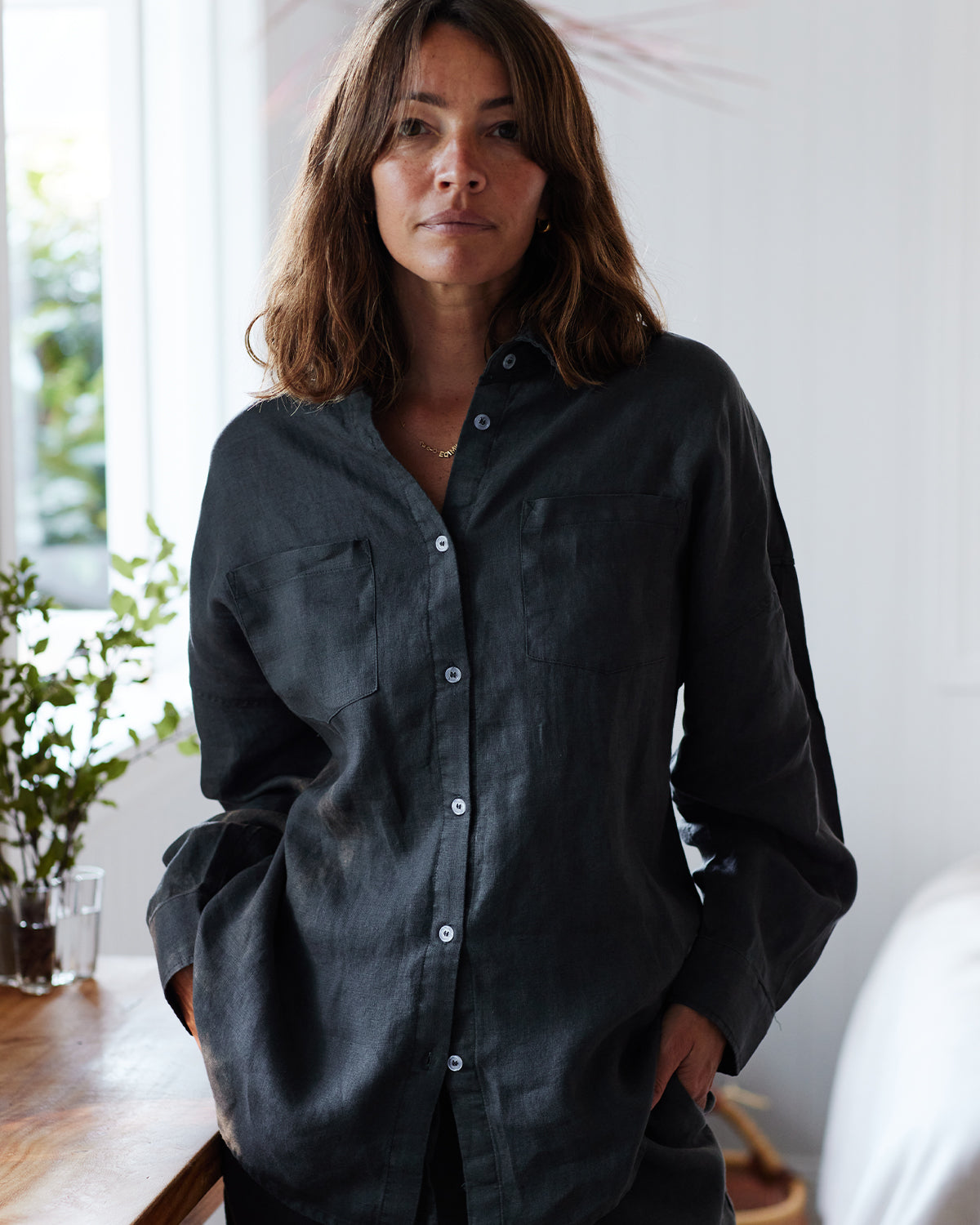 Charcoal 100% French Flax Linen Long Sleeve Shirt