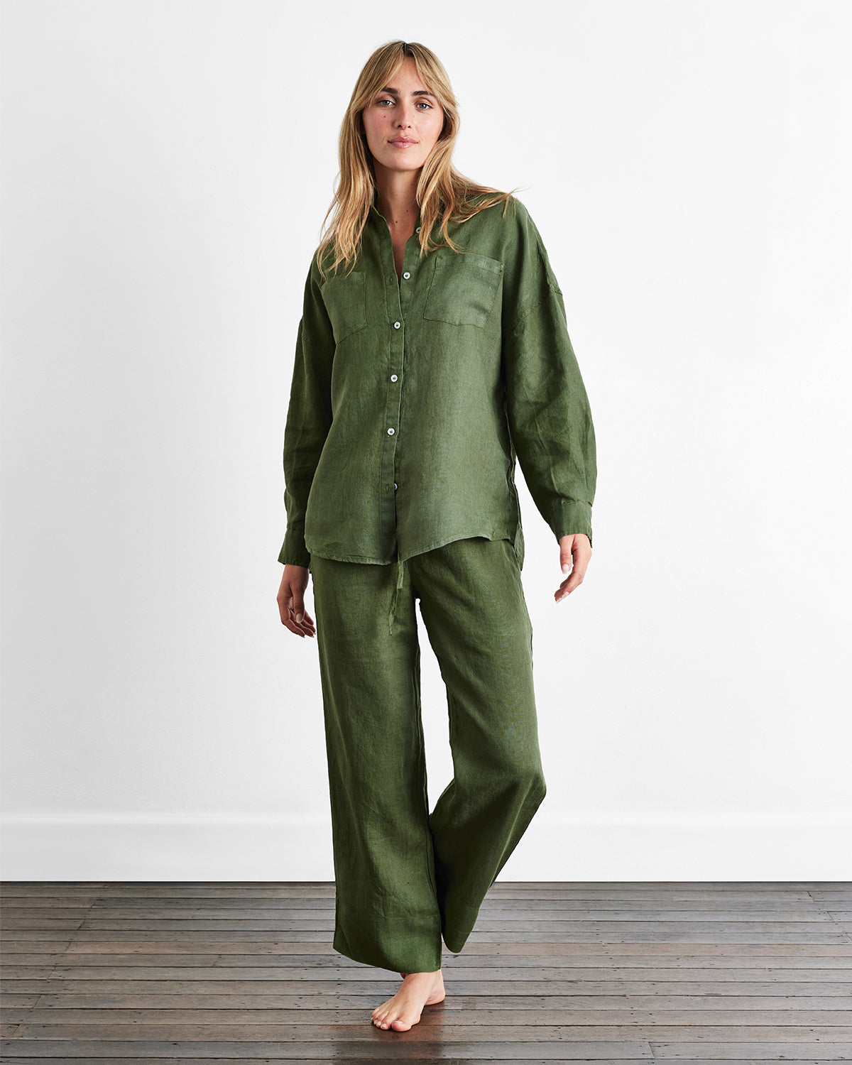 Olive 100% French Flax Linen Long Sleeve Shirt