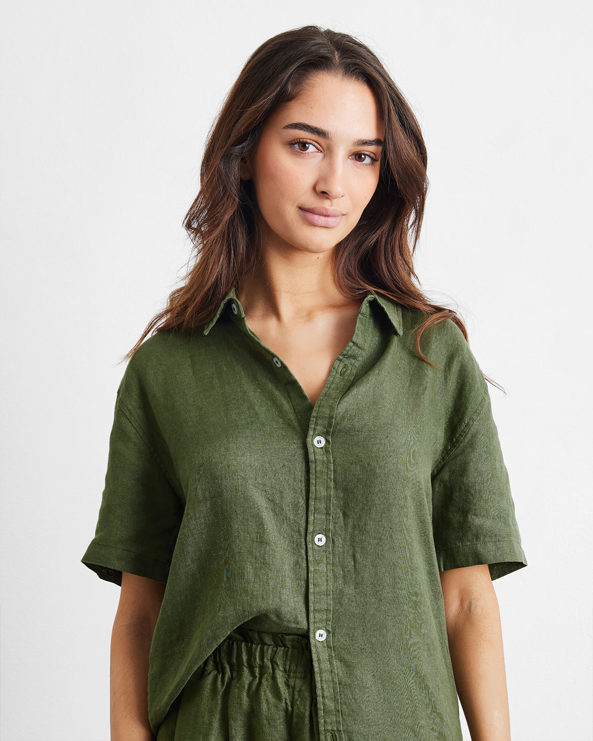 Olive 100% French Flax Linen Short Sleeve Shirt