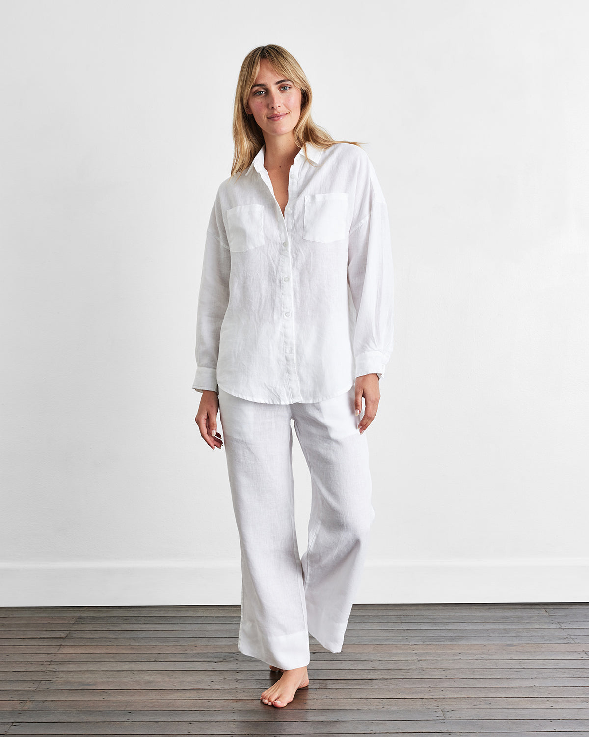 White 100% French Flax Linen Long Sleeve Shirt